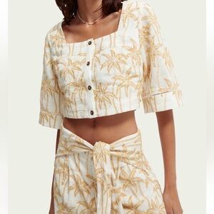 Scotch and Soda Palm Print Linen Outfit Cropped Top and Shorts Size L NEW